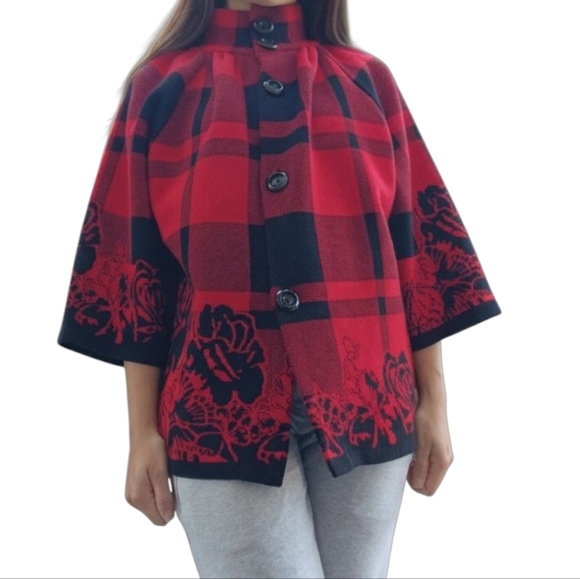 Vintage Plaid Floral Cape Jacket Red Black Size Medium Large - Picture 2 of 6